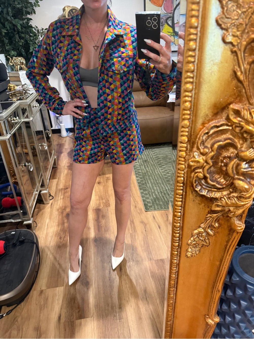 House of Harlow 1960 Multicolor Geometric Button-Up Jacket & Shorts Set NWOT
